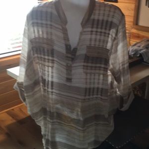 Blouse, brown and tan stripe, rolling sleeve